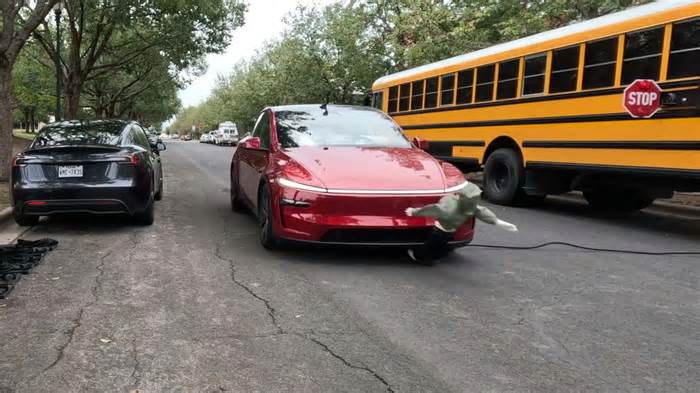 Tesla Model Y Driving On FSD Knocks Down Kid-Sized Dummies