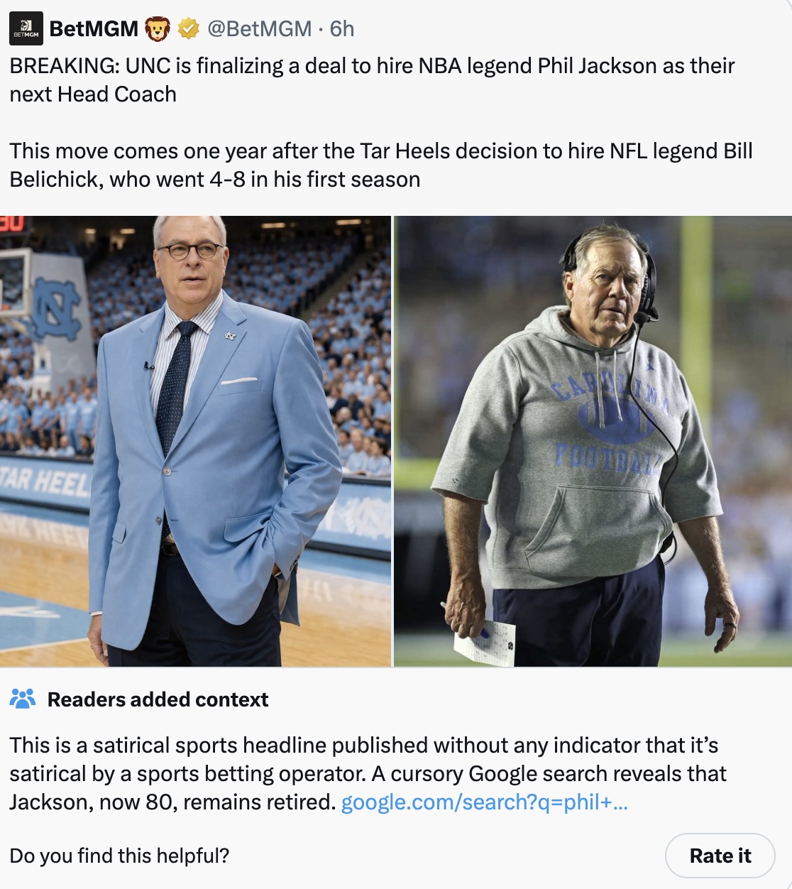 BetMGM shamed for X post purposefully spreading false UNC coaching report